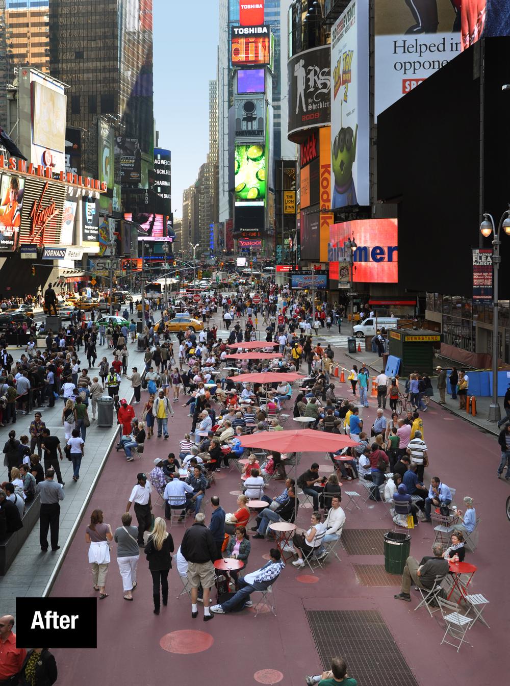 Times Square in New York City has been pedestrianised and now attracts café seating, concerts and even yoga classes