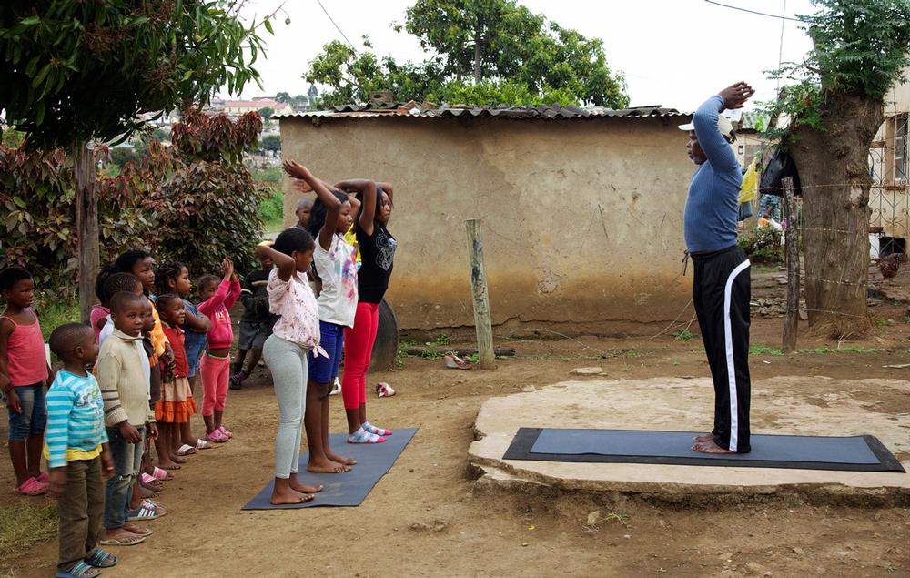 Basic yoga clothing is provided for the students, as many of them only own a few items of clothing – none suitable for yoga