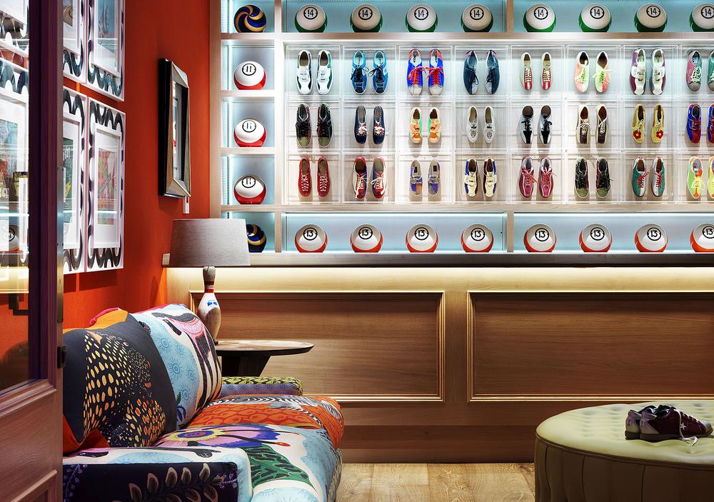 The interior design is fun and eclectic, with bold patterns and prints. It features a 1950s style bowling alley The interior design is fun and eclectic, with bold patterns and prints. It features a 1950s style bowling alley