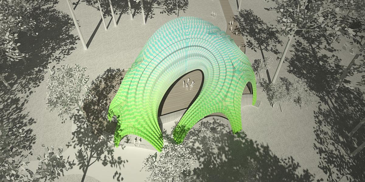 The Chrysalis’ meshed aluminium arches were designed using patterns and structural analysis created by computer programmes / Marc Fornes/Theverymany