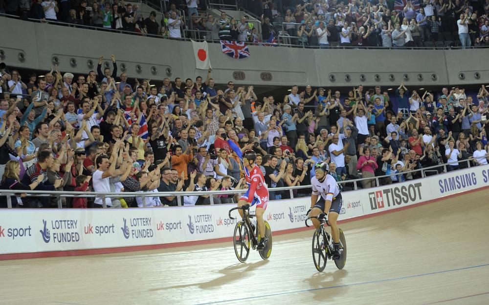 Chris Hoy celebrates winning the Men’s Sprint Final at the recent UCI Track Cycling World Cup