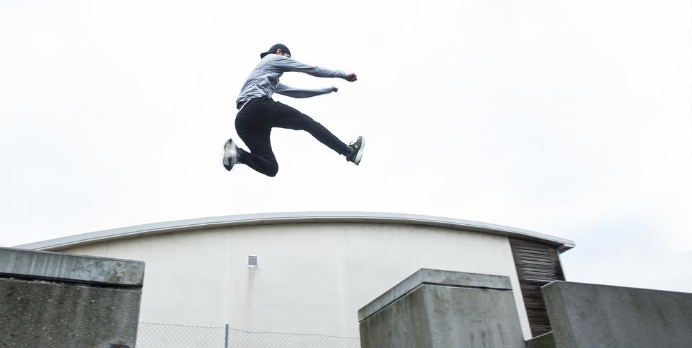 Parkour involves running, jumping, climbing, swinging, vaulting, rolling and more