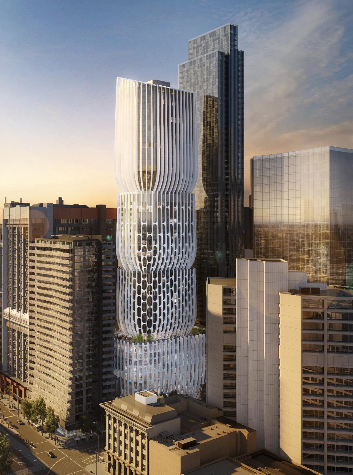 The 57-storey tower, which would be located at 582-606 Collins Street, has been designed as a series of four stacked vase-inspired volumes, with a sculptural, mesh-like façade The 57-storey tower, which would be located at 582-606 Collins Street, has been designed as a series of four stacked vase-inspired volumes, with a sculptural, mesh-like façade