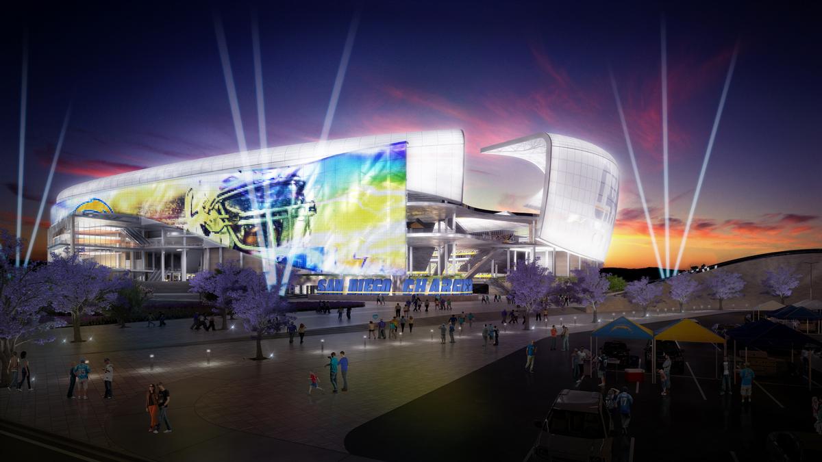 New renderings of the project have been released, revealing colour-changing LED lighting on the stadium’s maritime-influenced fabric canopy / City of San Diego/Populous