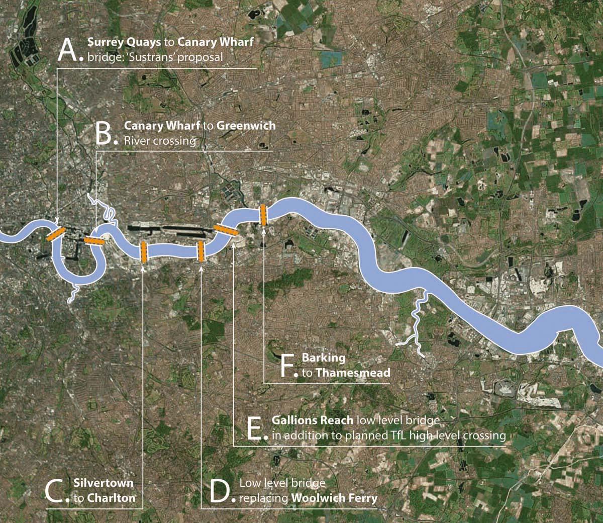 The bridges would all be located between Surrey Quays and Thamesmead / Farrells The bridges would all be located between Surrey Quays and Thamesmead / Farrells
