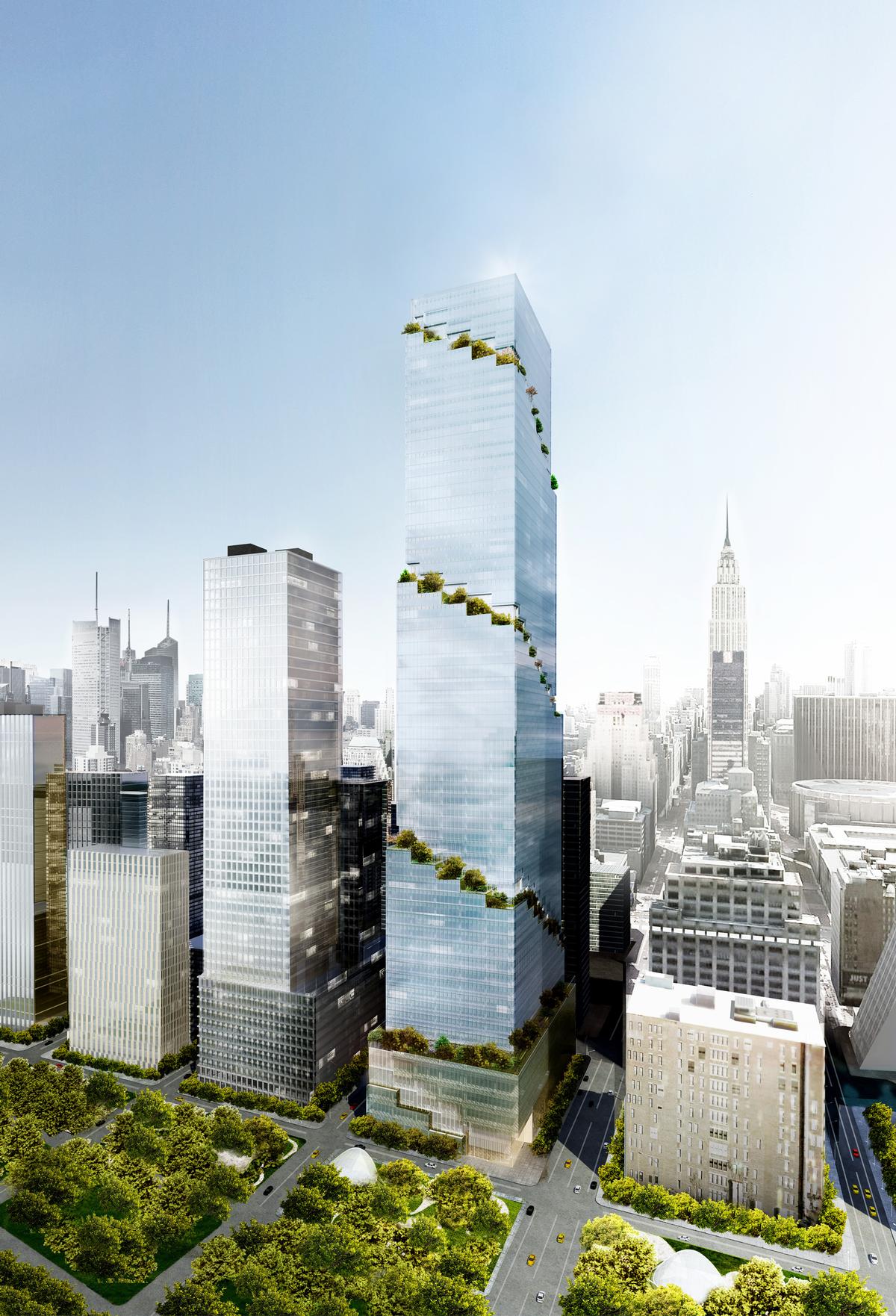 The innovative design ensures that every floor of the tower opens up to the outdoors with hanging gardens and green terraces creating 'collaborative and connected workspaces' and offering panoramic views of Manhattan / BIG