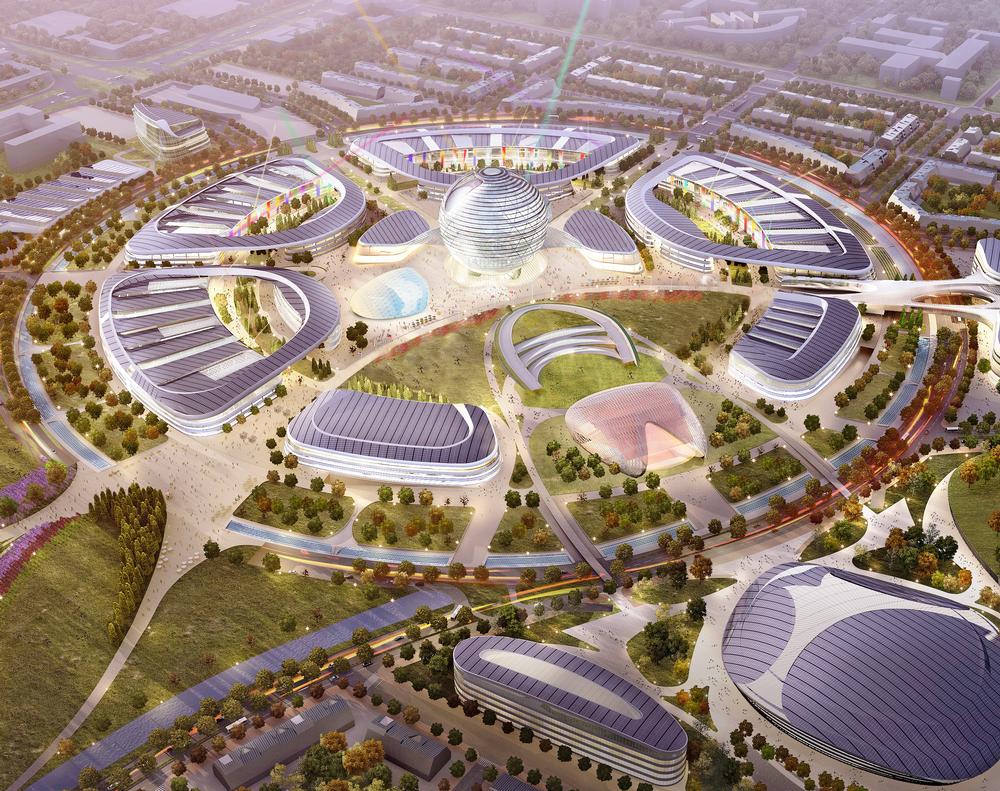 The Expo 2017 site in Astana comprises pavilions, residences, service areas and site-wide parks
