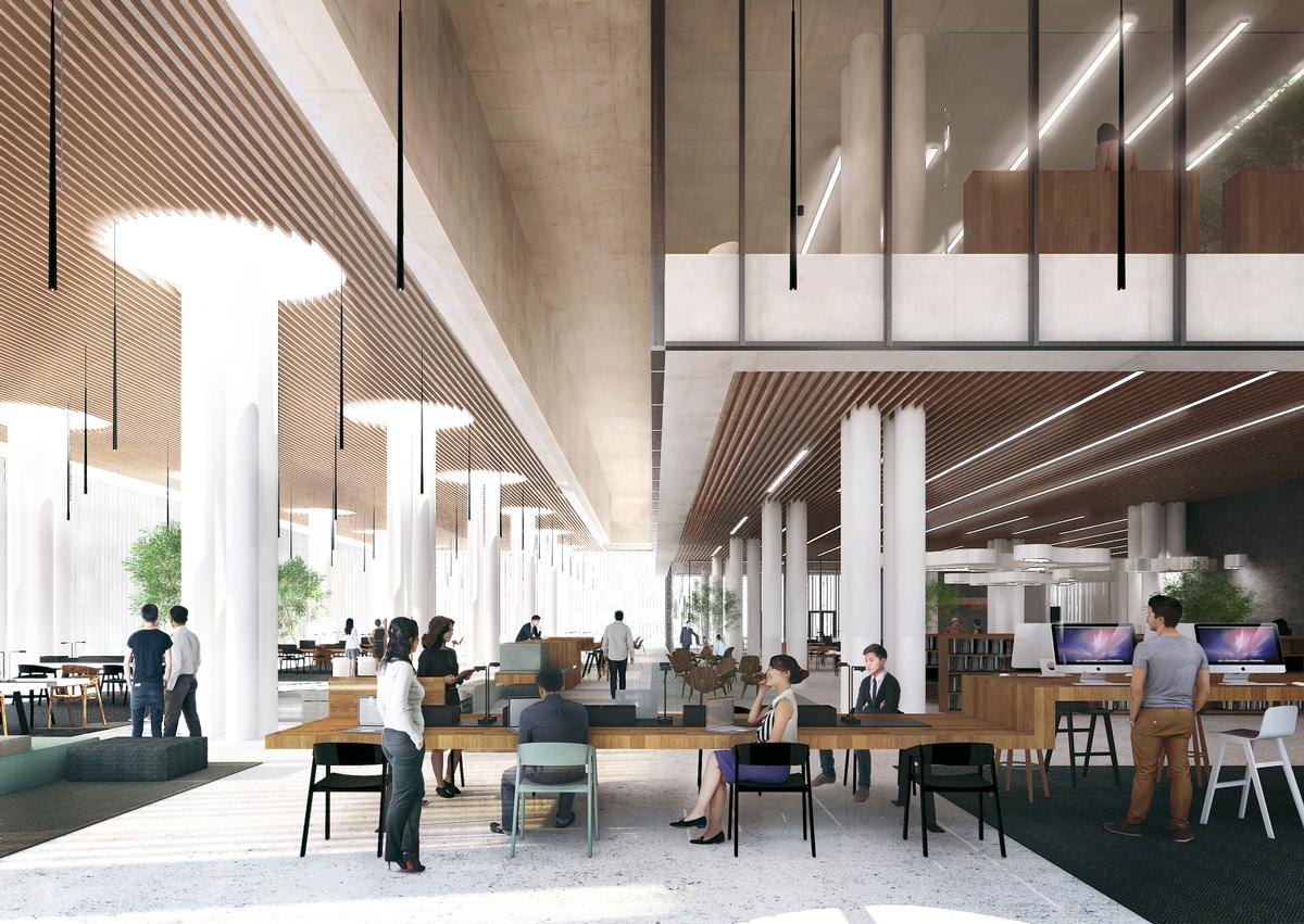 The library will feature a 200-seat auditorium, reading rooms, study spaces, a children’s play area, a café and a conference hall / Mecanoo