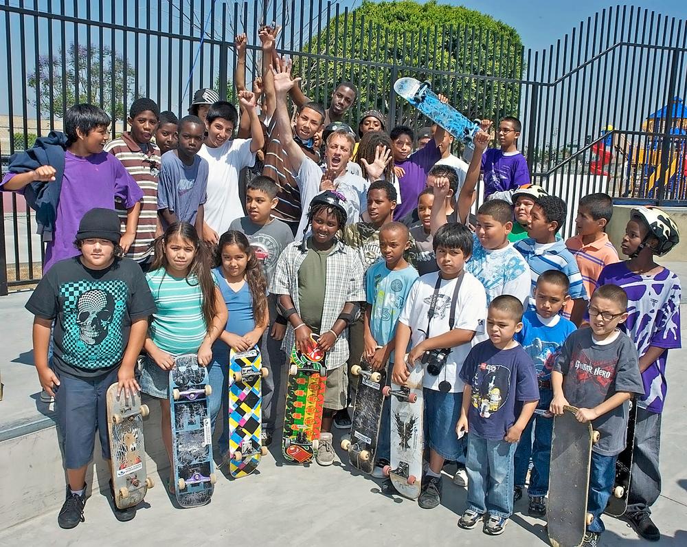 Hawk with some of the young people who lobbied for the creation of the Compton Skatepark / PHOTO: Atiba Jefferson/©Tony Hawk Foundation