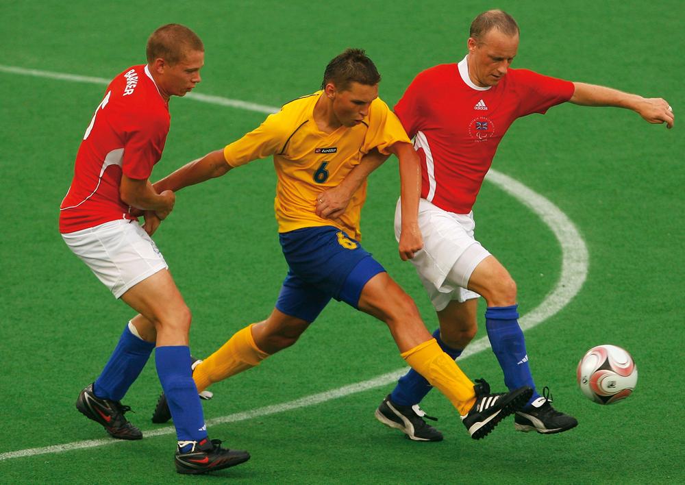 Seven-a-side football debuted at the Paralympic World Cup in 2010 (Paralympics GB are in red)