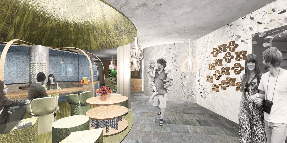 The restaurant will feature apple flowers on the wall and decorative harvesting equipment / Network of Architecture