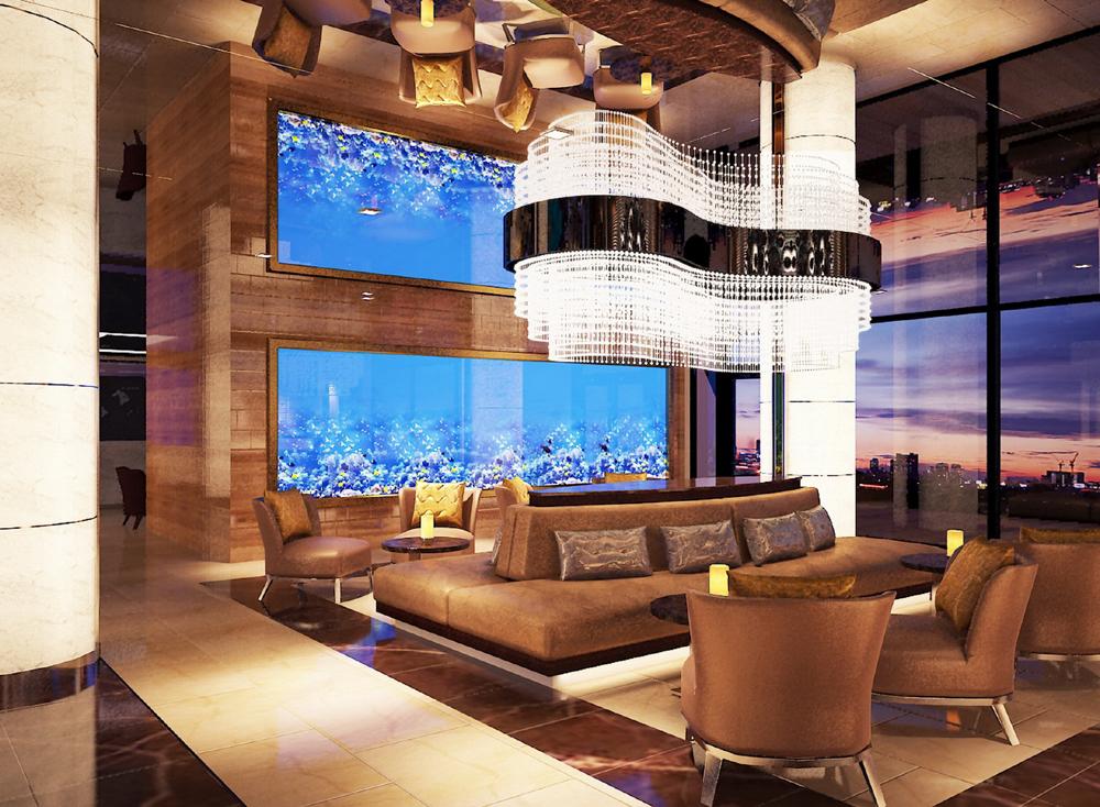 The lobby at the hotel, featuring Fendi furniture / 