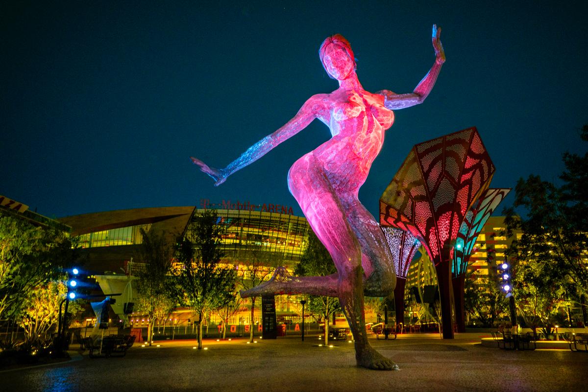 The sculpture <i>Bliss Dance</i> is seen outside the new T-Mobile Arena in The Park, Las Vegas / Barry Toranto