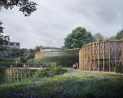 The museum extensions will be grass-topped structures with timber lattices forming the facade / Kengo Kuma & Associates