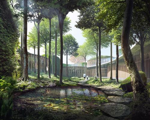 Trees and gardens will surround the museum's volumes / Kengo Kuma & Associates