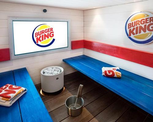 Designed by Finnish celebrity designer Teuvo Loman, the sauna features benches with the fast food giant’s colours, as well as a television with gaming capabilities