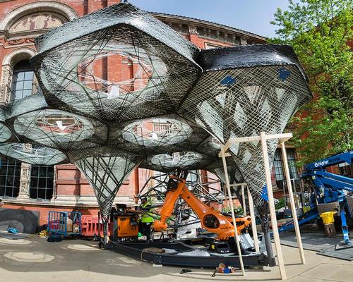 The robots will respond to real-time sensory data on the pavilion’s structural behaviour and the patterns of inhabitation in the garden / Victoria and Albert Museum, London