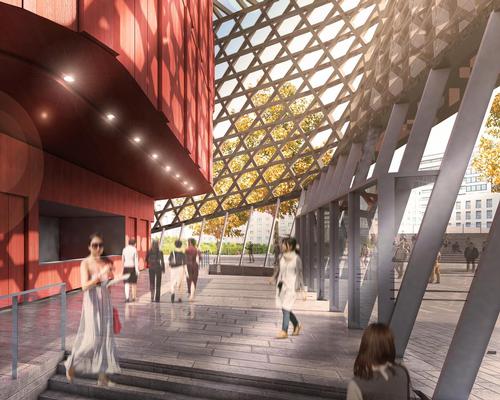 The exteriors of the halls will be copper and red, with a gold coloured web surrounding them / GMP