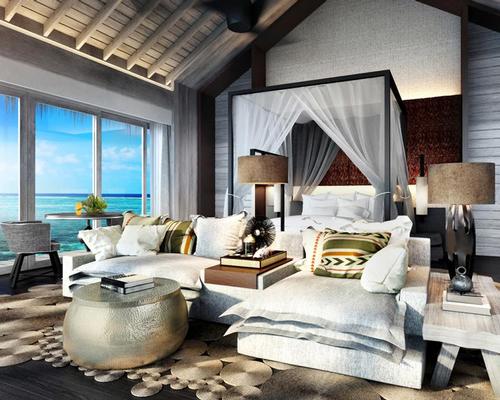 Designed by architects MICD Associates,the secluded five-acre (two-hectare) resort features seven bedrooms, including a three-bedroom beach villa, two-bedroom water villa and two mezzanine suites