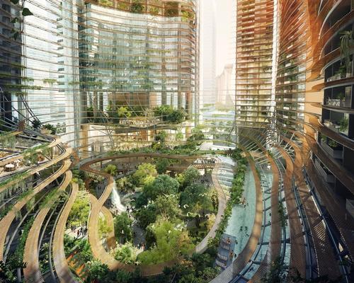 Shrubs, trees, and flowers will appear on every floor of the four towers that form Marina One / Ingenhoven Architects