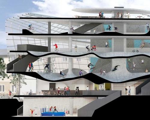 The USP – designed in collaboration with skate park specialists Maverick Industries – will incorporate facilities for skateboarding and scootering over seven configurable floors / Guy Holloway Architects