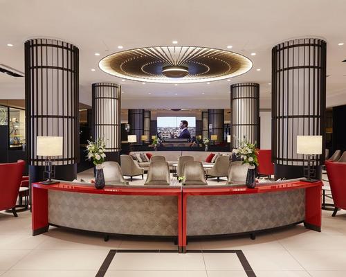 The re-design for the lobby references the famous shade of red used in the original – named by James Joyce as 'Krasnapolsky red' in Finnegans Wake / Alan Jensen