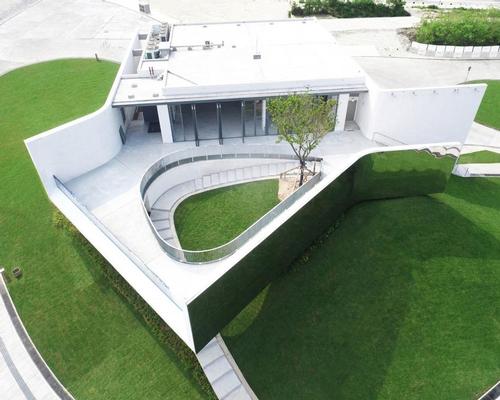 The elevated pavilion is located in Hong Kong's Arts Park / West Kowloon Cultural District Authority and M+
