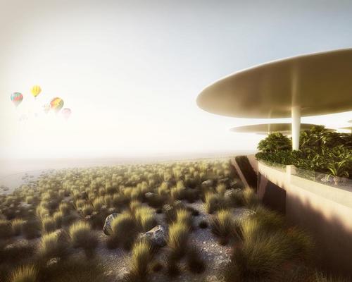 The winning design features a series of futuristic white dishes sheltering the facilities and one leaning tower densely clustered together and surrounded by desert / WW+P