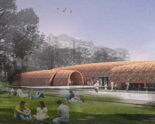 The building – surrounded by clusters of china workshops dating back to the Ming and Qing dynasties – is designed in the vault-like shape of an abstract kiln / Studio Pei-Zhu