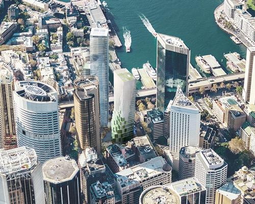 Located in the city’s Circular Quay, the building will feature a pixelated facade of sandstone, cascading green walls and large windows / Crone Partners