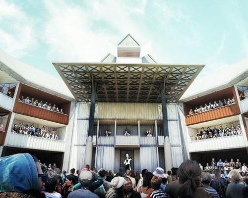 The containers would form the stage and galleries of each theatre / The Container Globe