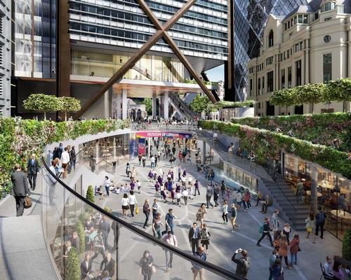 The public can walk underneath the elevated tower, and enter a retail court below the ground / DBOX