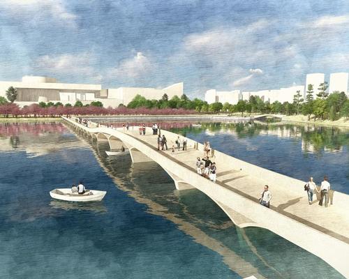 A large lake crossed by the arching Skipping Stone Bridge will lie at the heart of the park / West 8