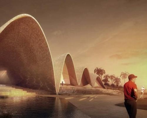 Using the natural dune-scapes of the surrounding Jordanian desert and taking inspiration from ancient Bedouin traditions, the design envisions an undulating clubhouse / Oppenheim Architecture