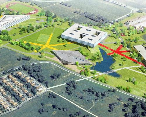 Four star-shaped public spaces connect the buildings in the campus / LOLA Landscape Architects