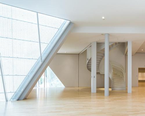 Angular motifs are used both inside and outside the building / Sumida Hokusai Museum