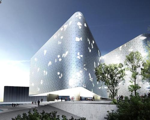 Hotel rooms will be elevated above the plaza and covered in smooth white glass panels set in a modular repeated pattern / Snøhetta 