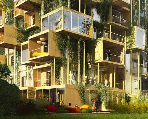 The ground floor apartments will be extended outwards, using modular prefabricated boxes built from bio-sourced natural wood and attached to the existing façade / Malka Architecture