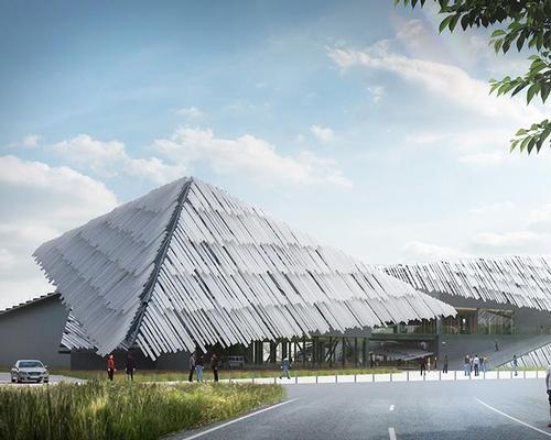 Formed of angled aluminium panels, the roof is shaped to resemble the Chinese character for the number eight / Kengo Kuma and Associates