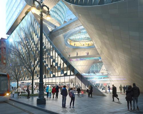 The design images reveal a futuristic glass tower supported by a crystallised, sculptural platform with angled slices in the exterior / SHoP Architects