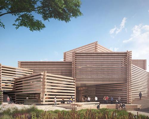 A series of overlapping stacked wooden volumes will form the 3,582sq m (38,500sq ft) museum building / Kengo Kuma and Associates