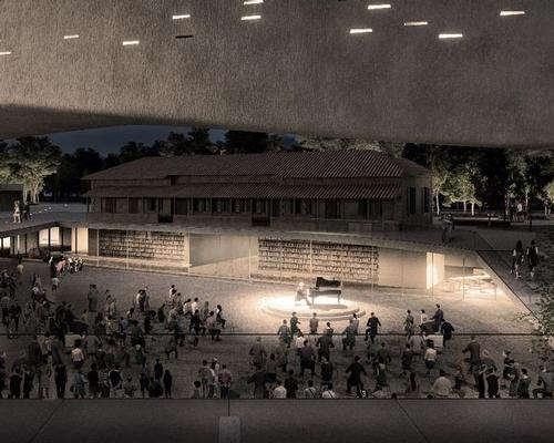 An open-air atrium appears to feature a sunken public plaza that can host outdoor performances / Ministry of Transport, Communications and Works