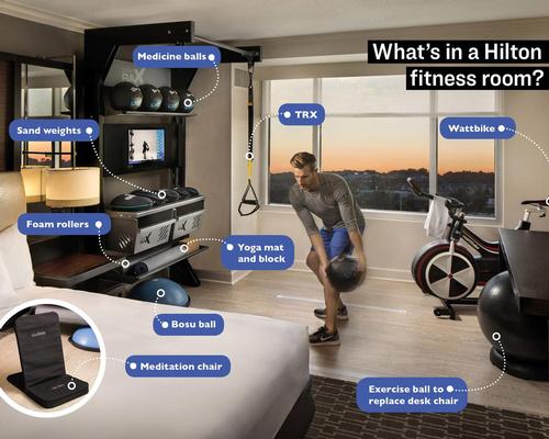 Also included in the room is a meditation chair, blackout shades for restorative sleep and Biofreeze products to ease muscle tension / Hilton