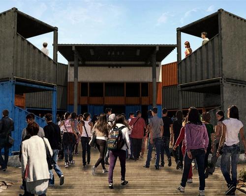 The galleries, stage and backstage areas of the Detroit iteration will all be created using stacked and fastened shipping containers / Container Globe
