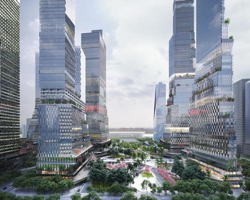 Twelve staggered skyscrapers, an elevated pedestrian network and a vast green urban park form the key elements of the 1.36 million sq m development / Mecanoo
