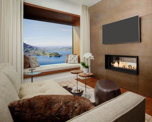 In the Burgenstock Hotel, the whole design is focused on the view, with all the rooms oriented to look onto the lake