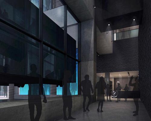 To evoke the world of spycraft, architectural flourishes include the use of smoked glass, bespoke fibre cement, dark grey acoustic paneling and mirror polished steel
/ Adjaye Associates