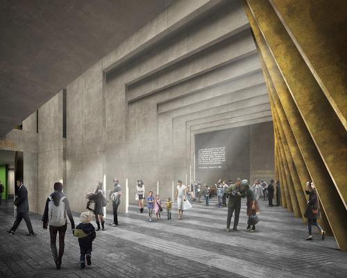 Each path eventually leads down into the Threshold – a generous hall which acts as a place of contemplation and transition into the Learning Centre below ground / Adjaye Associates and Ron Arad Architects