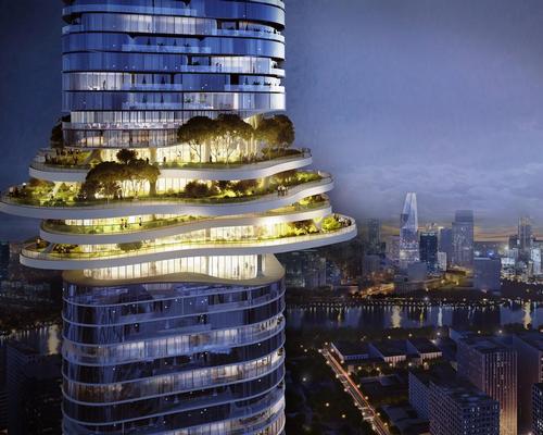 A series of landscaped public platforms will be built across several levels three-quarters of the way up the tower / Buro-OS