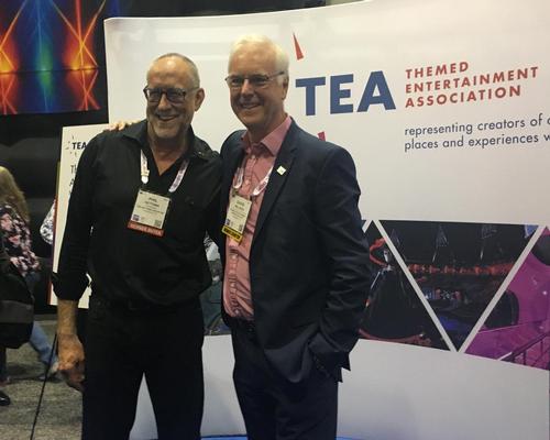 Phil Hettema (left), president and creative executive of The Hettema Group, poses for photos with David Willrich after being announced as winner of the Buzz Price Thea award, which recognises lifetime achievement / Lauren Heath-Jones